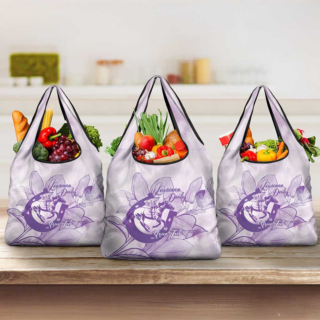 Personalized Louisiana Horse Racing Derby Grocery Bag Magnolia Blossom Horseshoe Pastel Purple