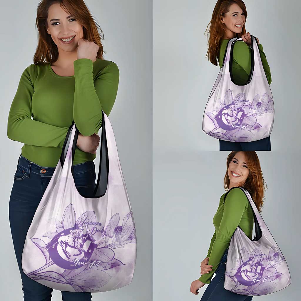 Personalized Louisiana Horse Racing Derby Grocery Bag Magnolia Blossom Horseshoe Pastel Purple