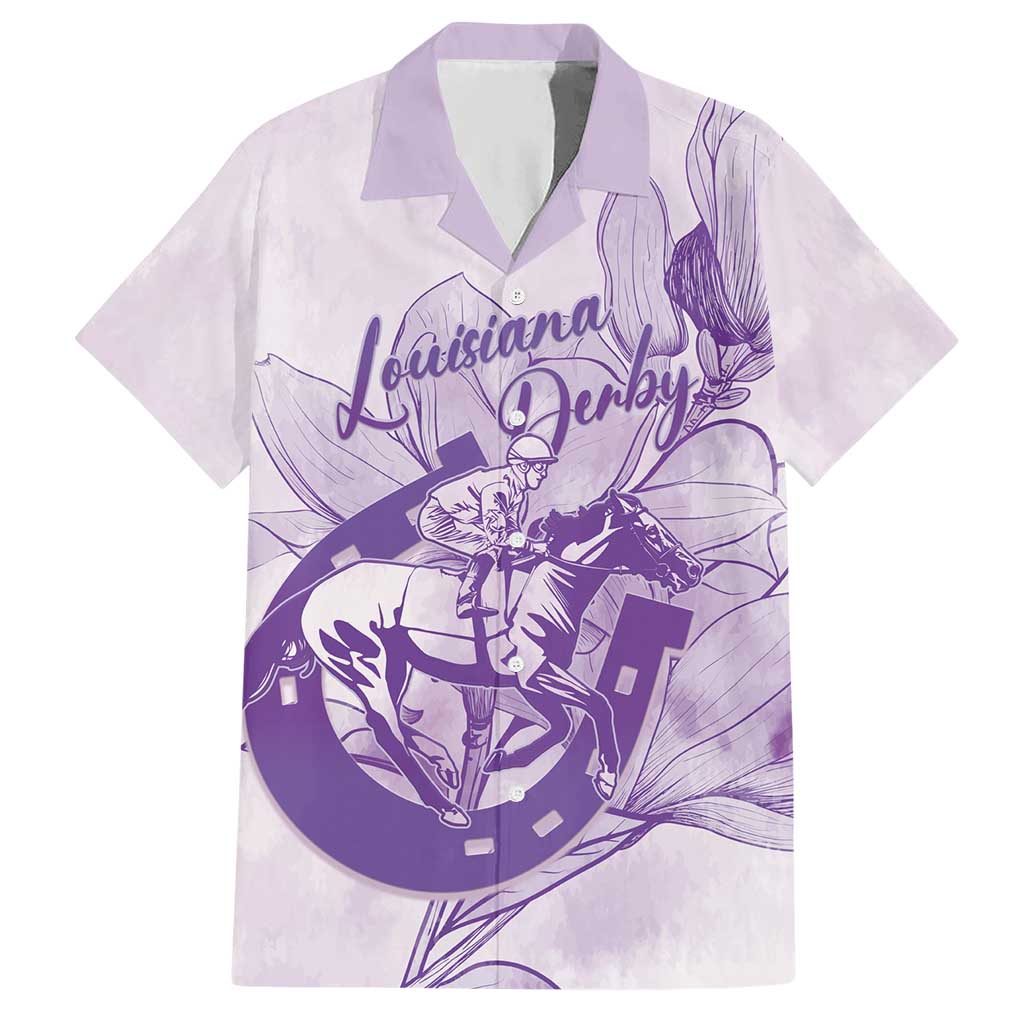 Personalized Louisiana Horse Racing Derby Hawaiian Shirt Magnolia Blossom Horseshoe Pastel Purple