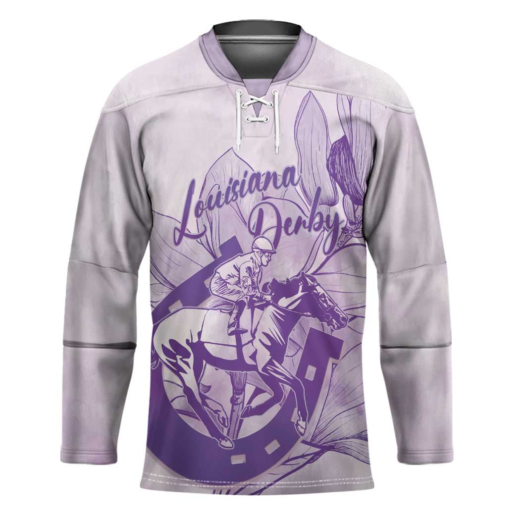 Personalized Louisiana Horse Racing Derby Hockey Jersey Magnolia Blossom Horseshoe Pastel Purple