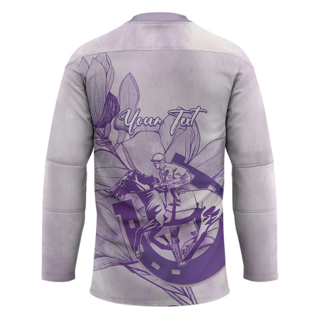 Personalized Louisiana Horse Racing Derby Hockey Jersey Magnolia Blossom Horseshoe Pastel Purple