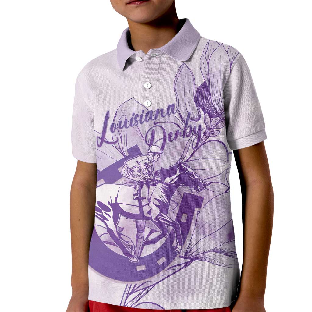 Personalized Louisiana Horse Racing Derby Kid Polo Shirt Magnolia Blossom Horseshoe Pastel Purple