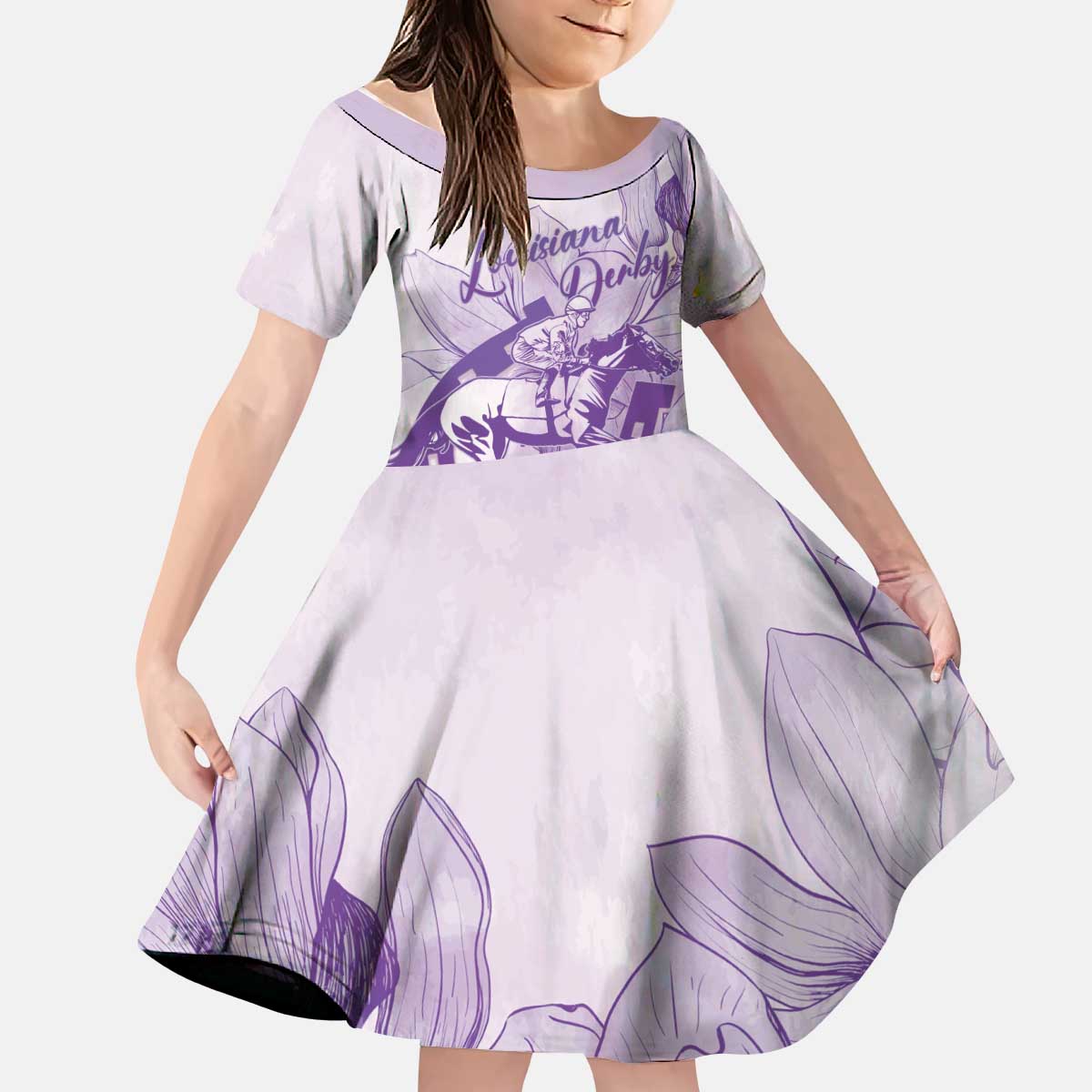 Personalized Louisiana Horse Racing Derby Kid Short Sleeve Dress Magnolia Blossom Horseshoe Pastel Purple