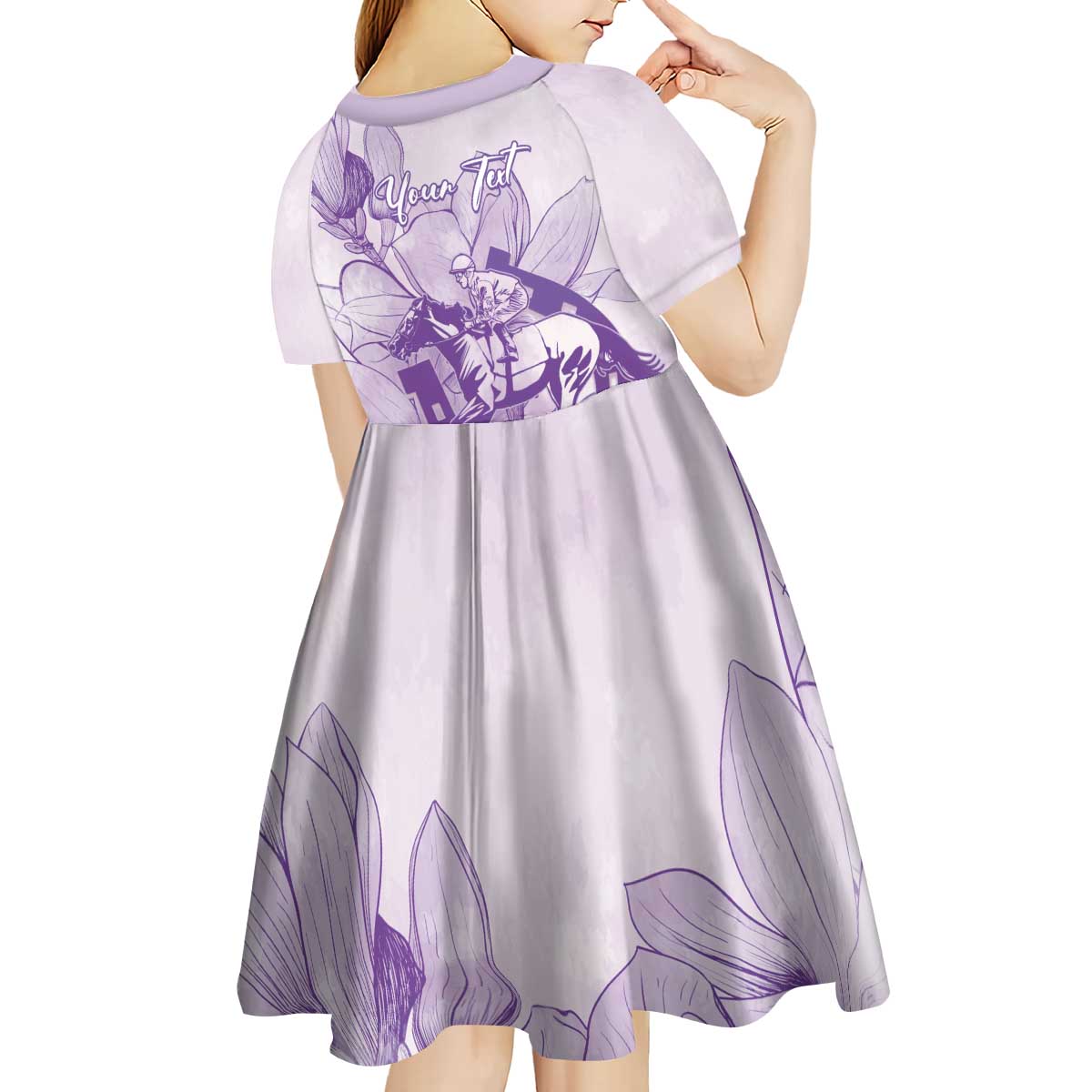 Personalized Louisiana Horse Racing Derby Kid Short Sleeve Dress Magnolia Blossom Horseshoe Pastel Purple