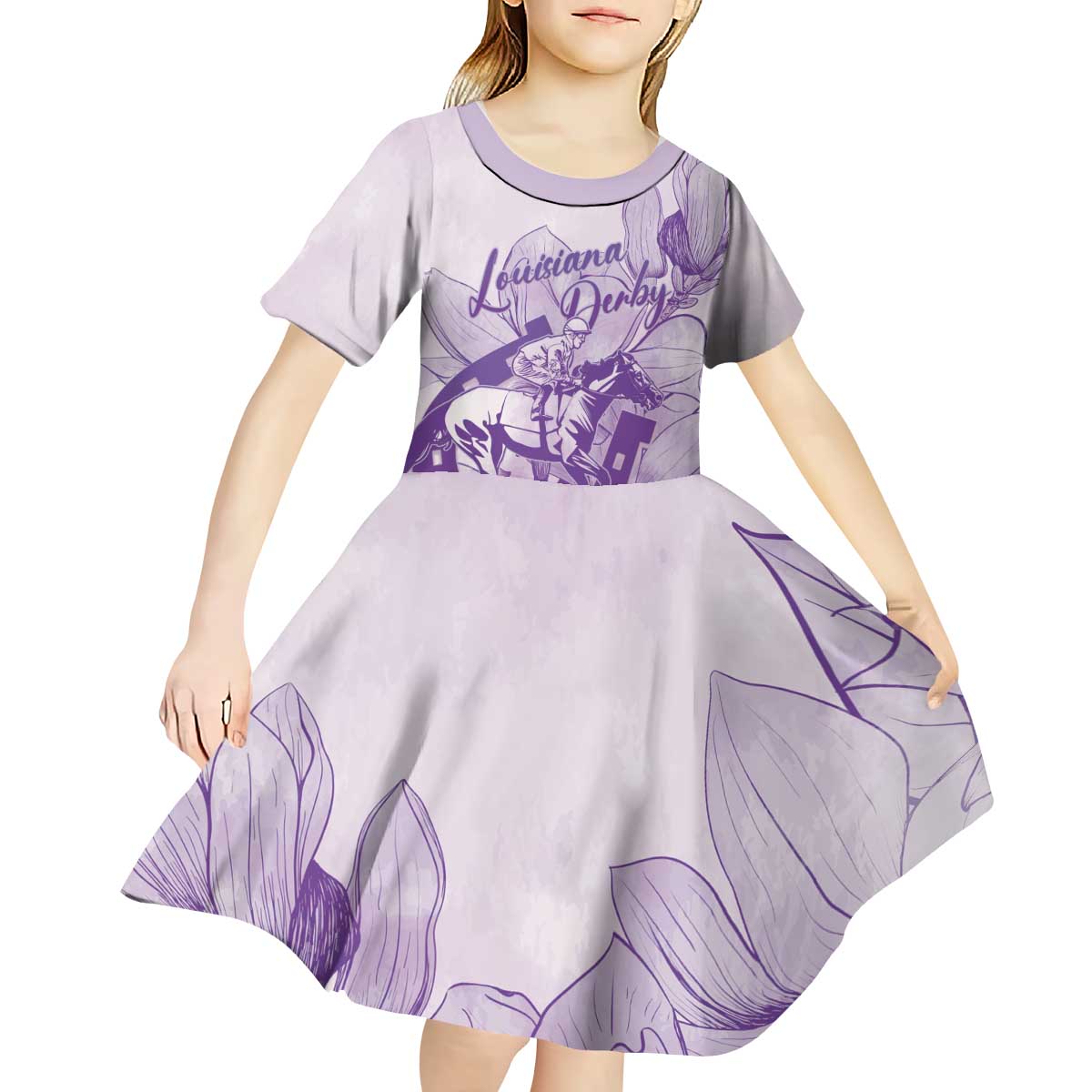 Personalized Louisiana Horse Racing Derby Kid Short Sleeve Dress Magnolia Blossom Horseshoe Pastel Purple