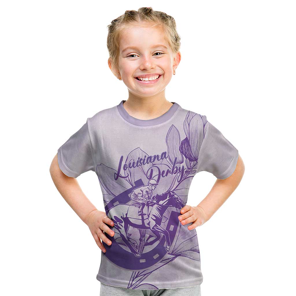 Personalized Louisiana Horse Racing Derby Kid T Shirt Magnolia Blossom Horseshoe Pastel Purple