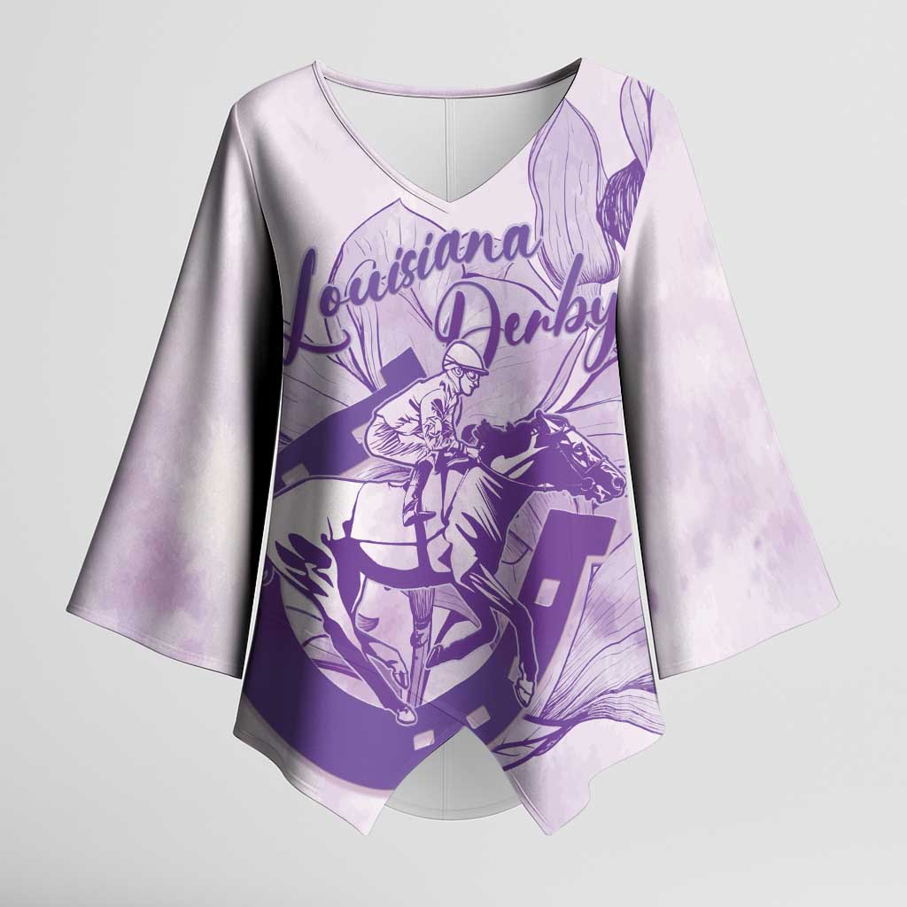 Personalized Louisiana Horse Racing Derby Kimono Sleeve Blouse Magnolia Blossom Horseshoe Pastel Purple