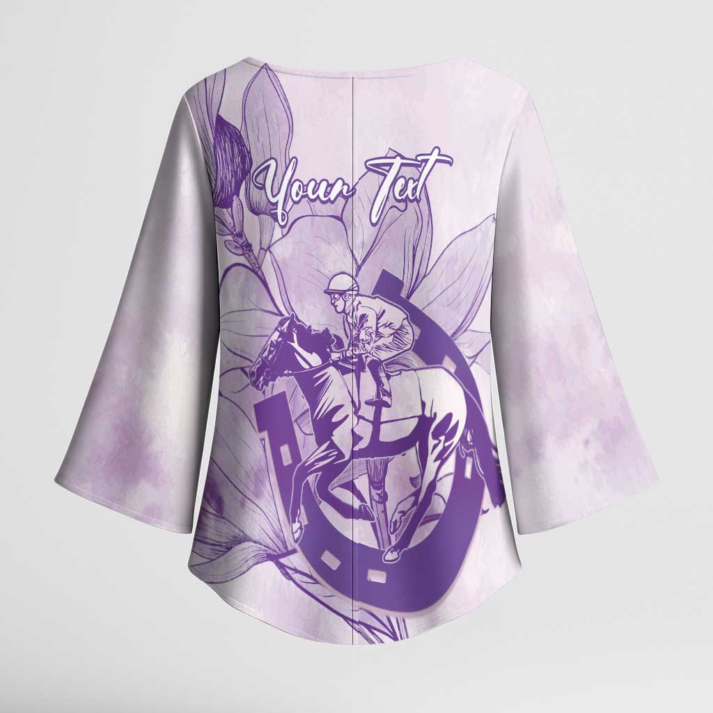 Personalized Louisiana Horse Racing Derby Kimono Sleeve Blouse Magnolia Blossom Horseshoe Pastel Purple