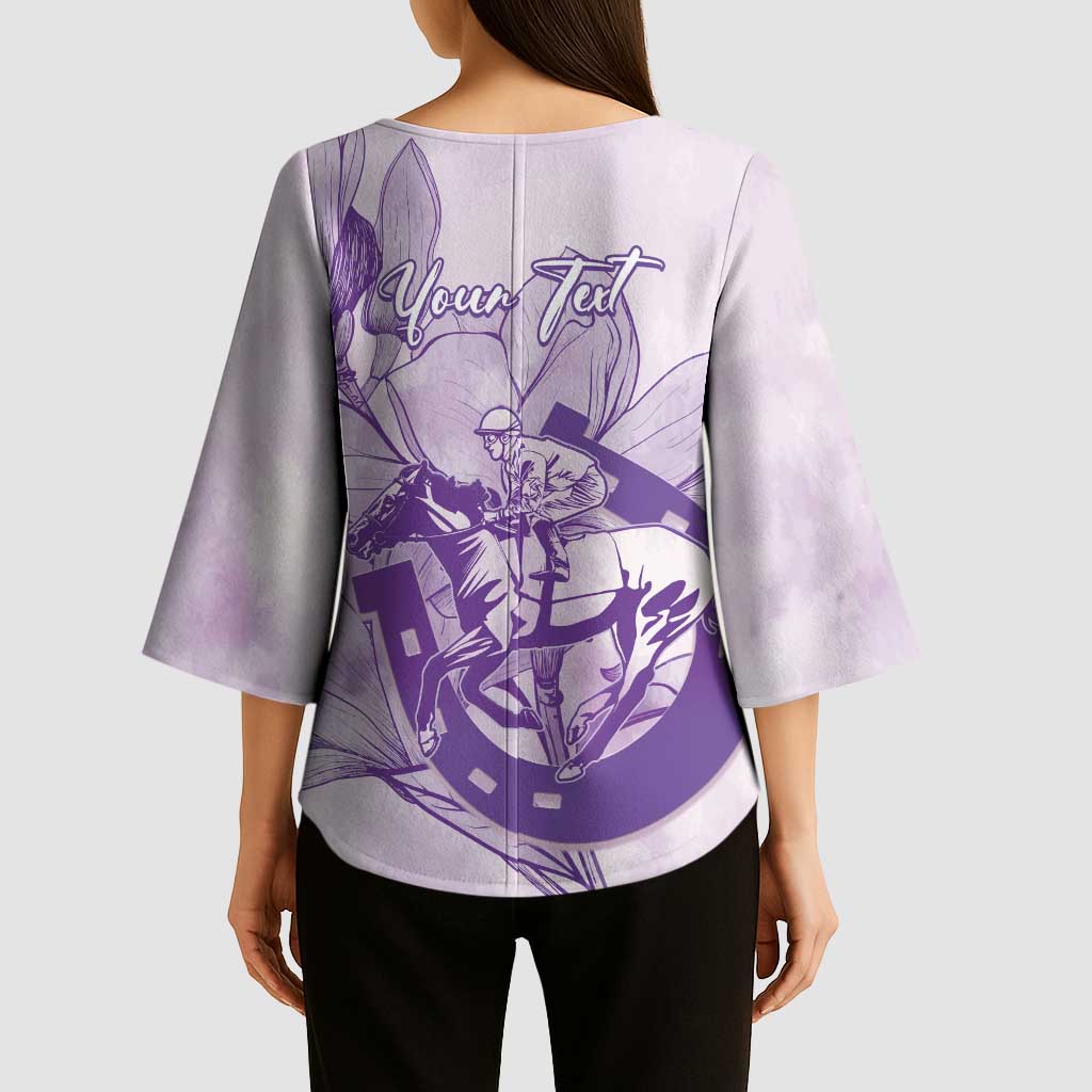 Personalized Louisiana Horse Racing Derby Kimono Sleeve Blouse Magnolia Blossom Horseshoe Pastel Purple