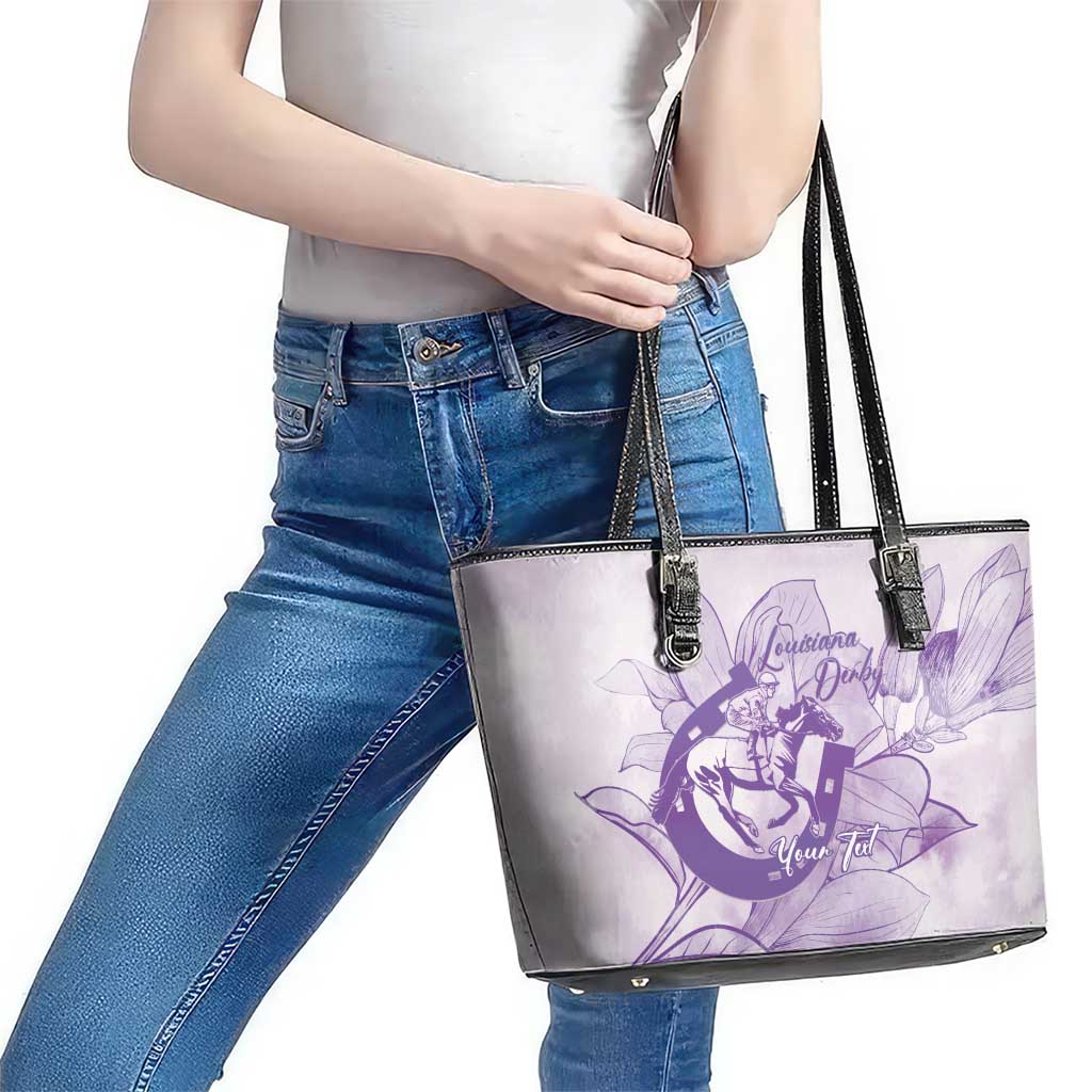 Personalized Louisiana Horse Racing Derby Leather Tote Bag Magnolia Blossom Horseshoe Pastel Purple