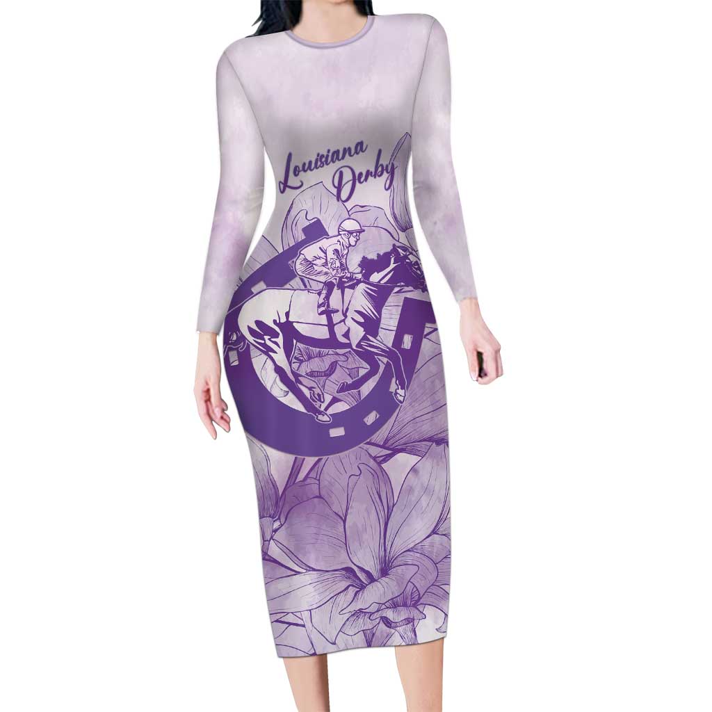 Personalized Louisiana Horse Racing Derby Long Sleeve Bodycon Dress Magnolia Blossom Horseshoe Pastel Purple