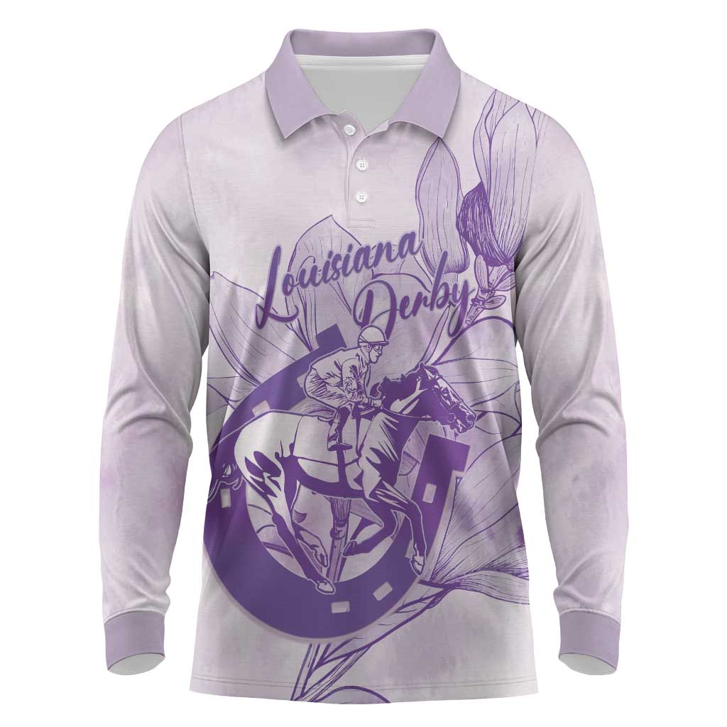 Personalized Louisiana Horse Racing Derby Long Sleeve Polo Shirt Magnolia Blossom Horseshoe Pastel Purple