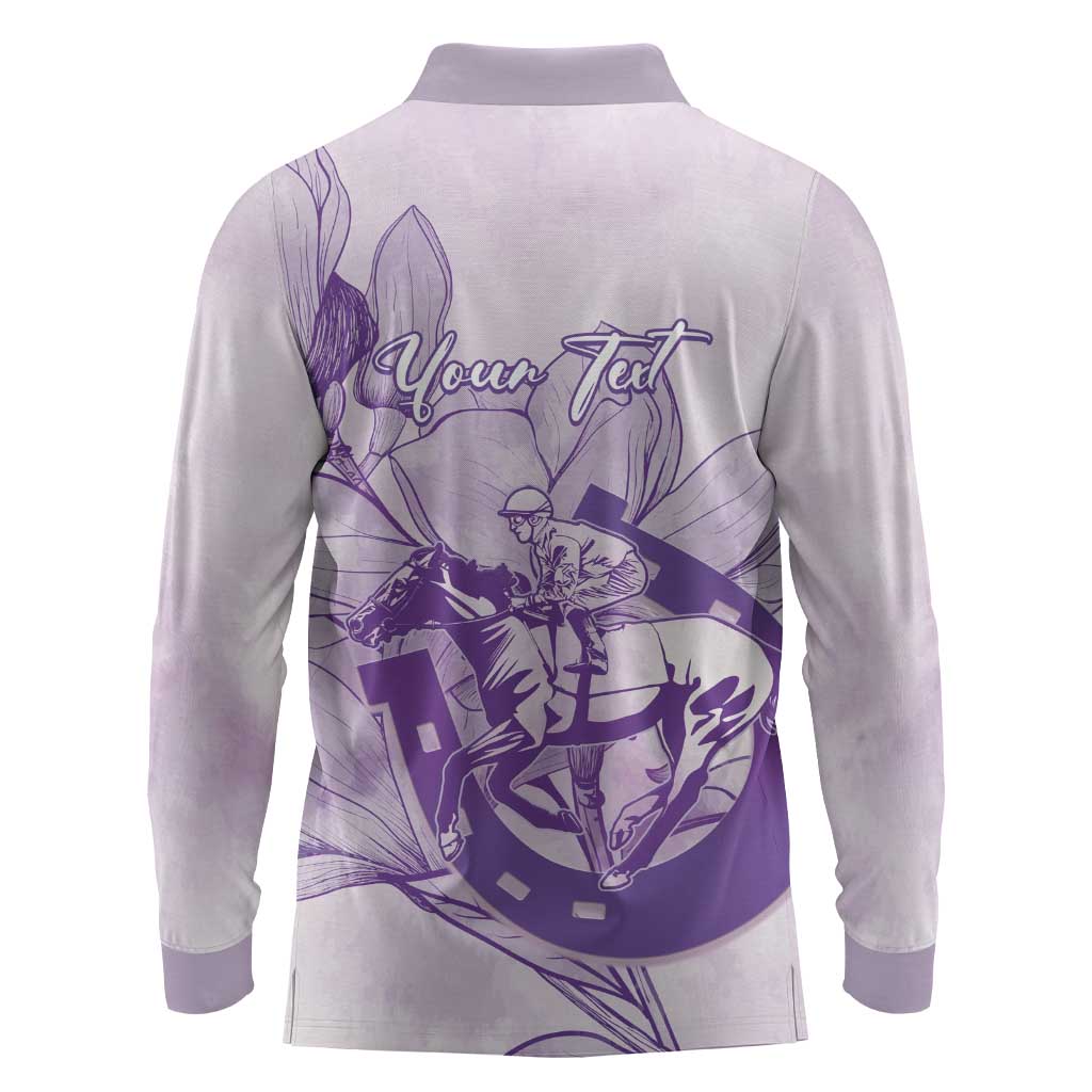 Personalized Louisiana Horse Racing Derby Long Sleeve Polo Shirt Magnolia Blossom Horseshoe Pastel Purple