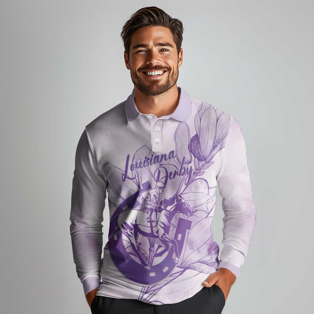 Personalized Louisiana Horse Racing Derby Long Sleeve Polo Shirt Magnolia Blossom Horseshoe Pastel Purple
