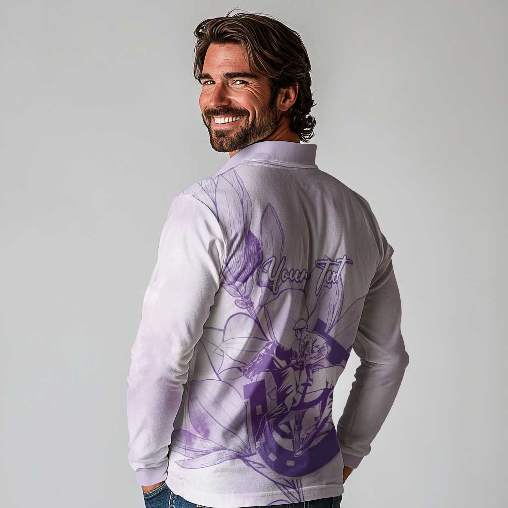 Personalized Louisiana Horse Racing Derby Long Sleeve Polo Shirt Magnolia Blossom Horseshoe Pastel Purple