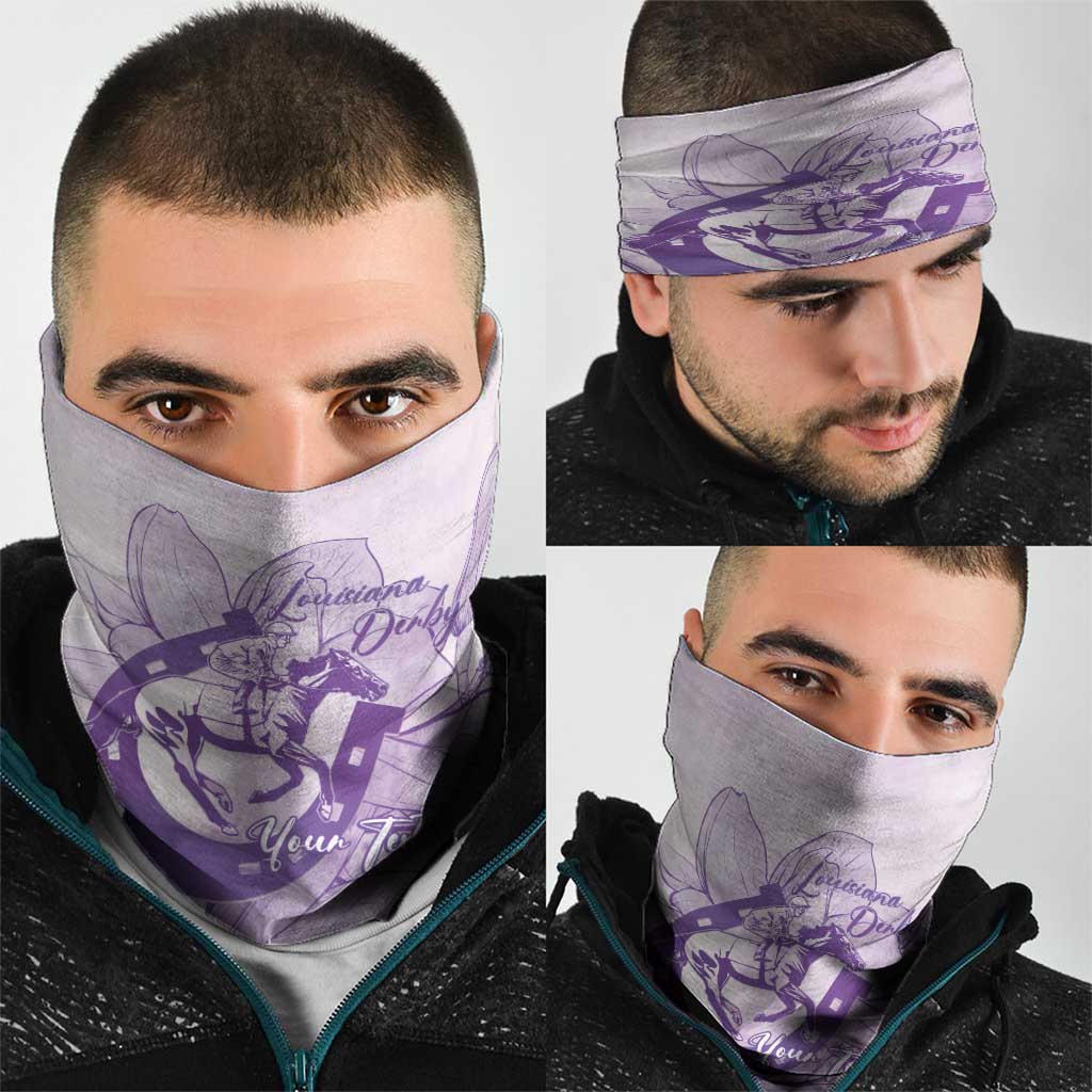 Personalized Louisiana Horse Racing Derby Neck Gaiter Magnolia Blossom Horseshoe Pastel Purple