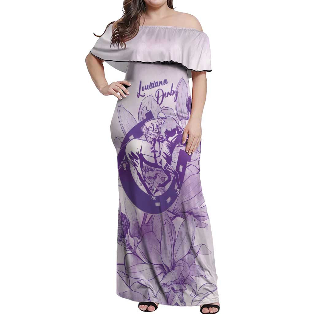 Personalized Louisiana Horse Racing Derby Off Shoulder Maxi Dress Magnolia Blossom Horseshoe Pastel Purple