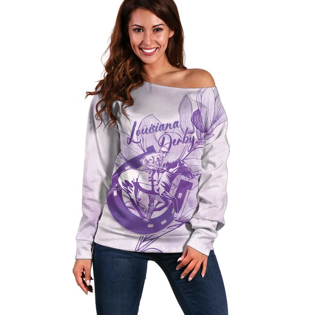 Personalized Louisiana Horse Racing Derby Off Shoulder Sweater Magnolia Blossom Horseshoe Pastel Purple