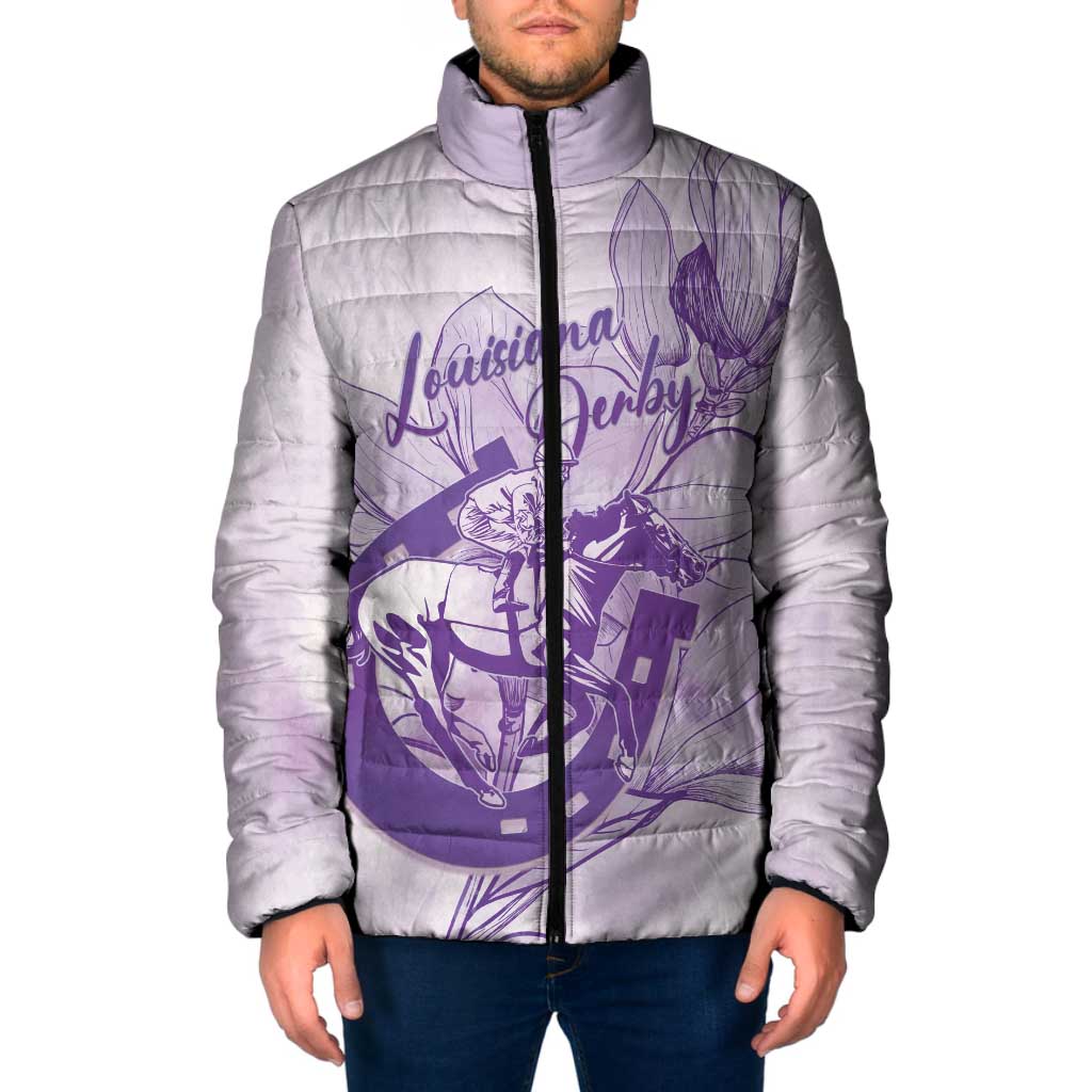 Personalized Louisiana Horse Racing Derby Padded Jacket Magnolia Blossom Horseshoe Pastel Purple