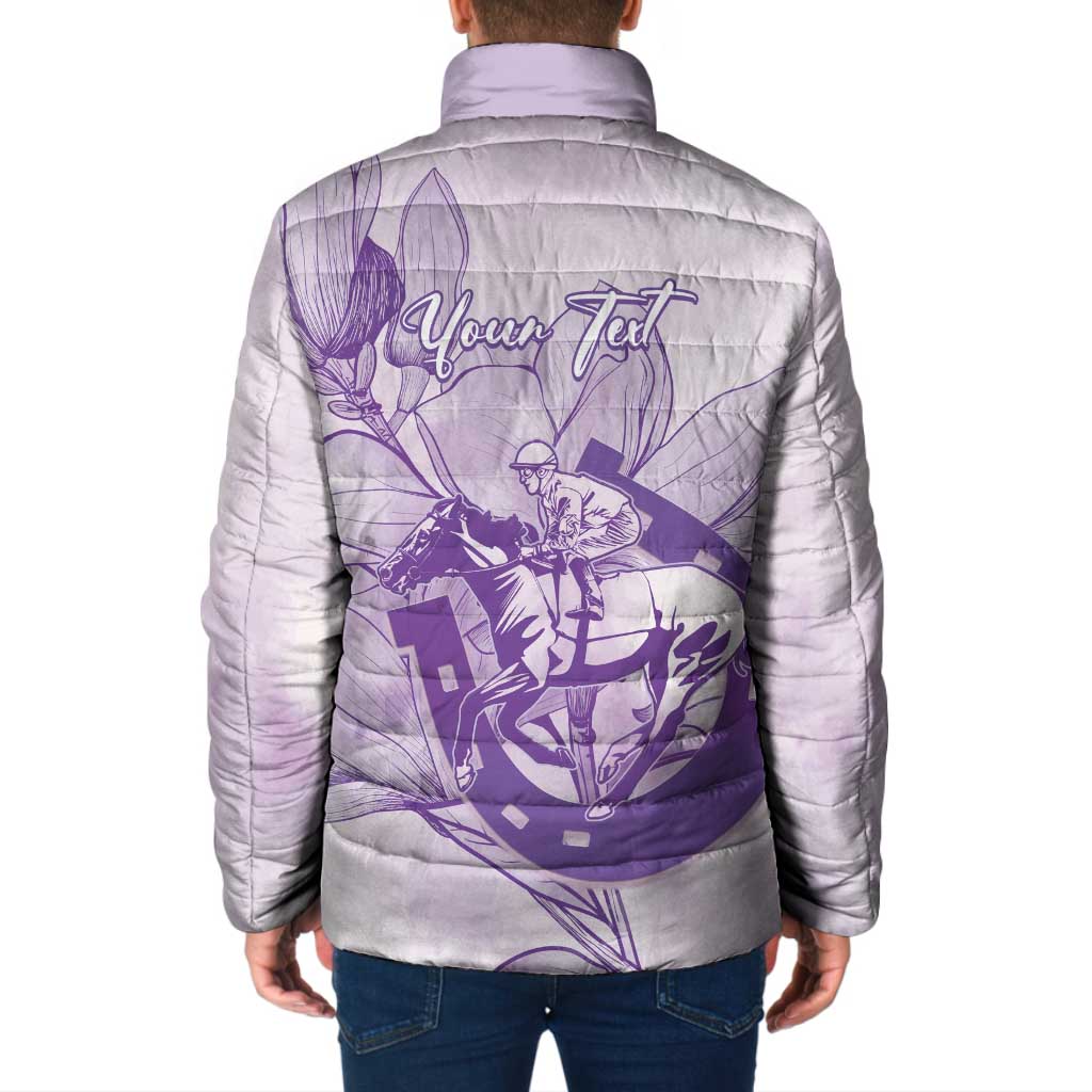 Personalized Louisiana Horse Racing Derby Padded Jacket Magnolia Blossom Horseshoe Pastel Purple