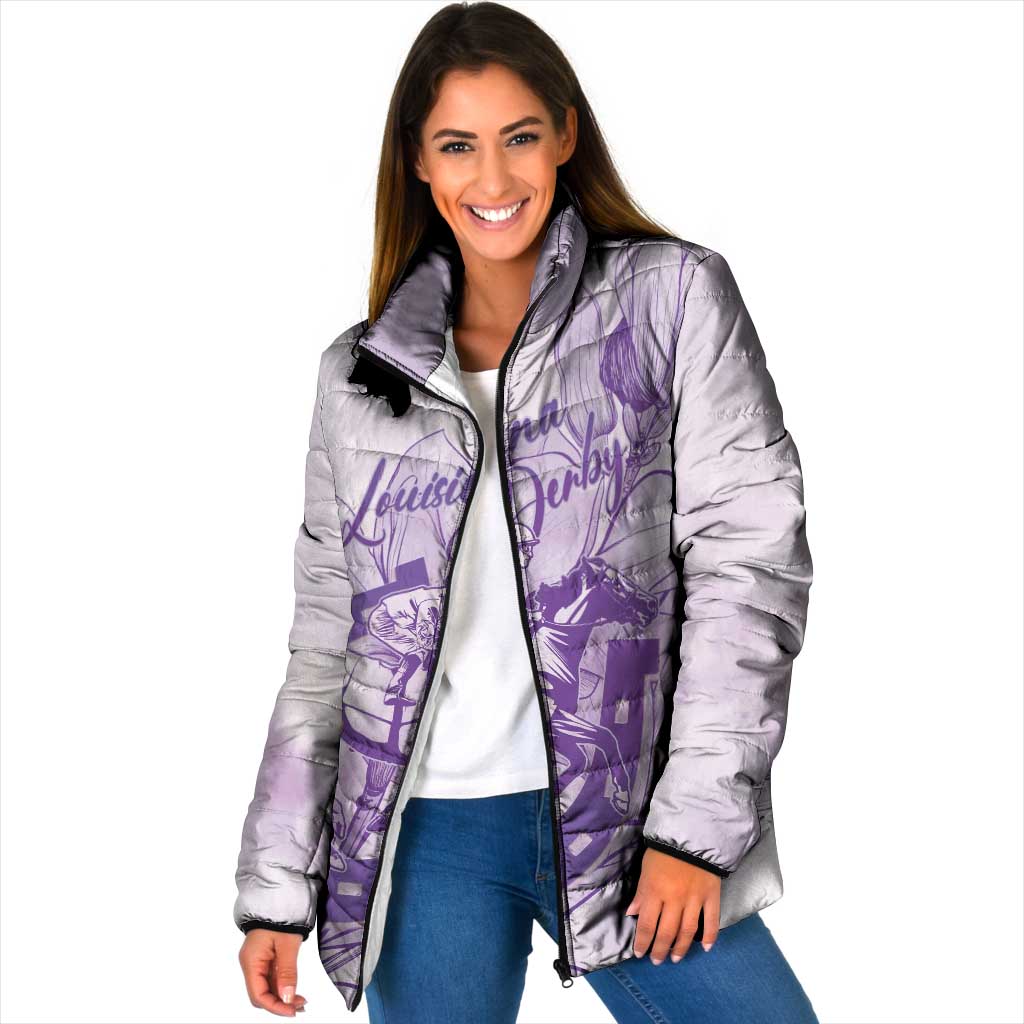 Personalized Louisiana Horse Racing Derby Padded Jacket Magnolia Blossom Horseshoe Pastel Purple