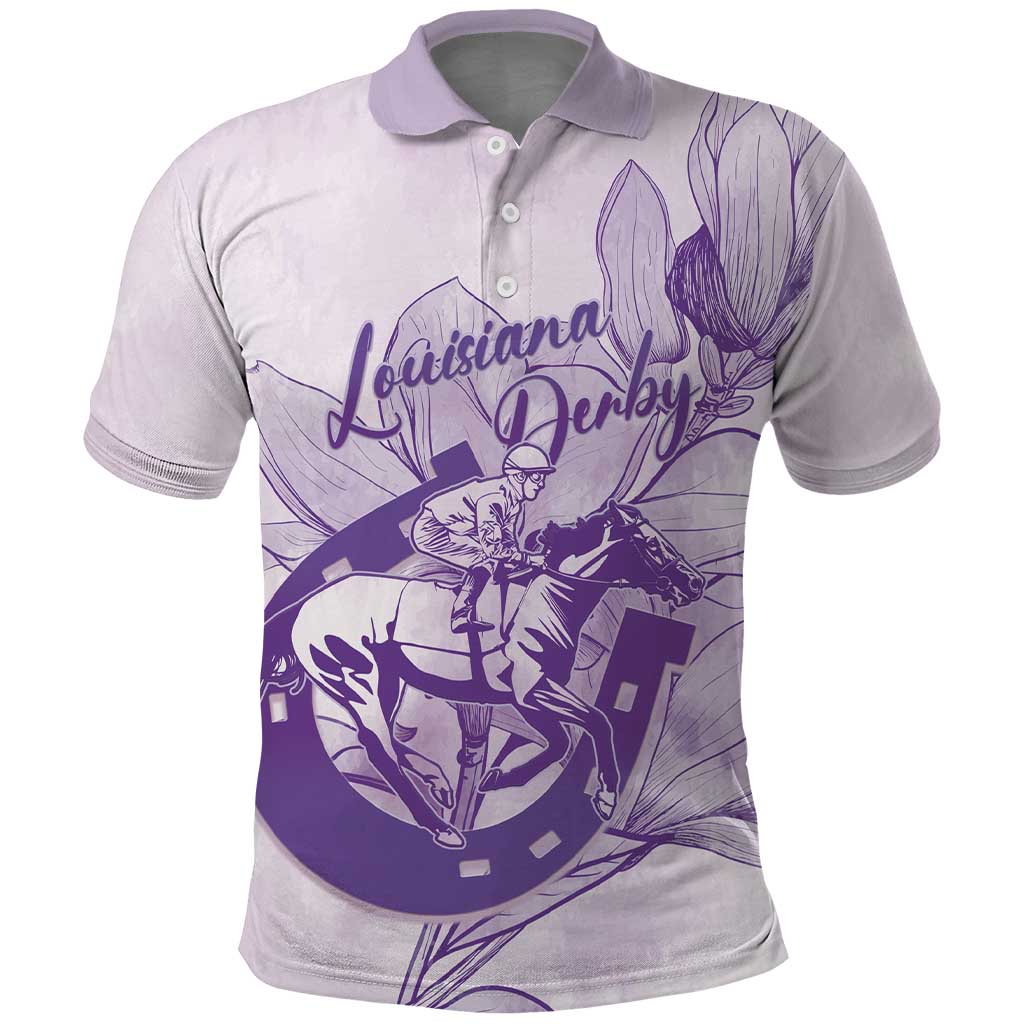 Personalized Louisiana Horse Racing Derby Polo Shirt Magnolia Blossom Horseshoe Pastel Purple