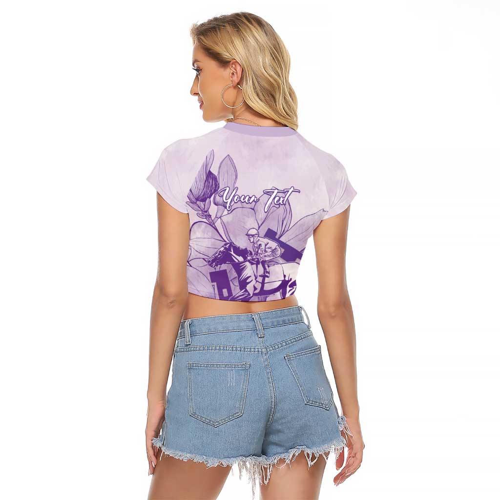 Personalized Louisiana Horse Racing Derby Raglan Cropped T Shirt Magnolia Blossom Horseshoe Pastel Purple