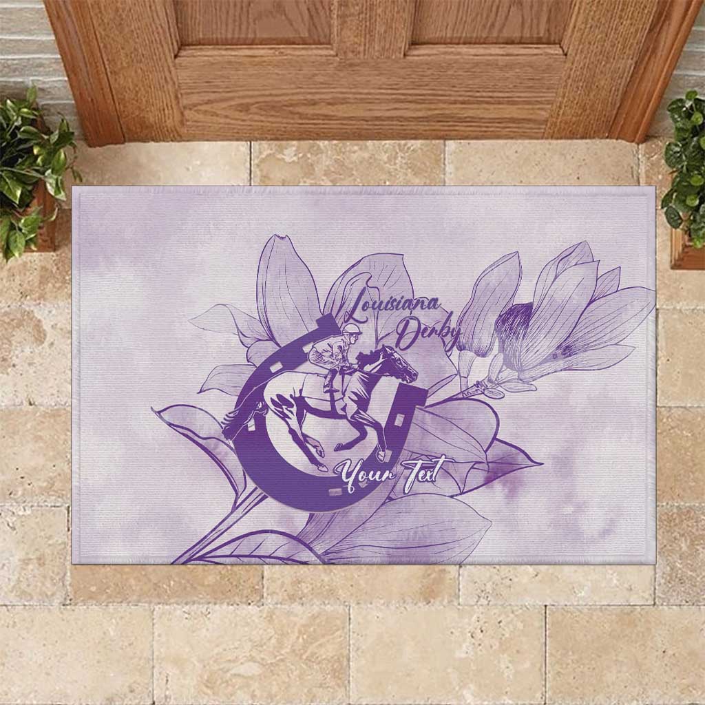 Personalized Louisiana Horse Racing Derby Rubber Doormat Magnolia Blossom Horseshoe Pastel Purple