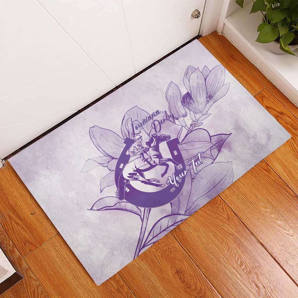 Personalized Louisiana Horse Racing Derby Rubber Doormat Magnolia Blossom Horseshoe Pastel Purple