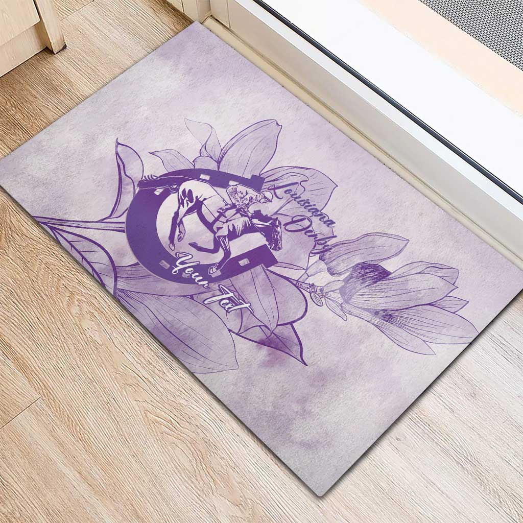 Personalized Louisiana Horse Racing Derby Rubber Doormat Magnolia Blossom Horseshoe Pastel Purple