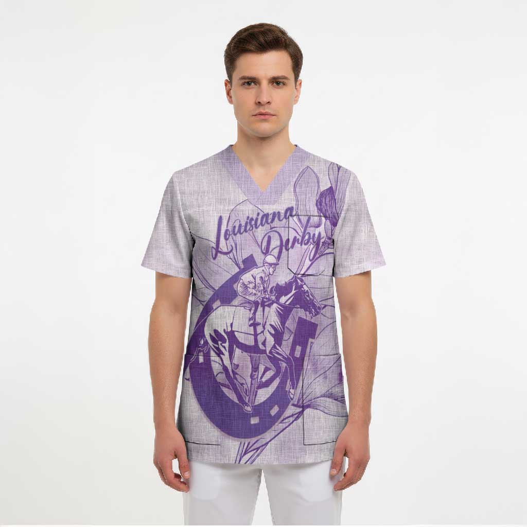 Personalized Louisiana Horse Racing Derby Scrub Top Magnolia Blossom Horseshoe Pastel Purple