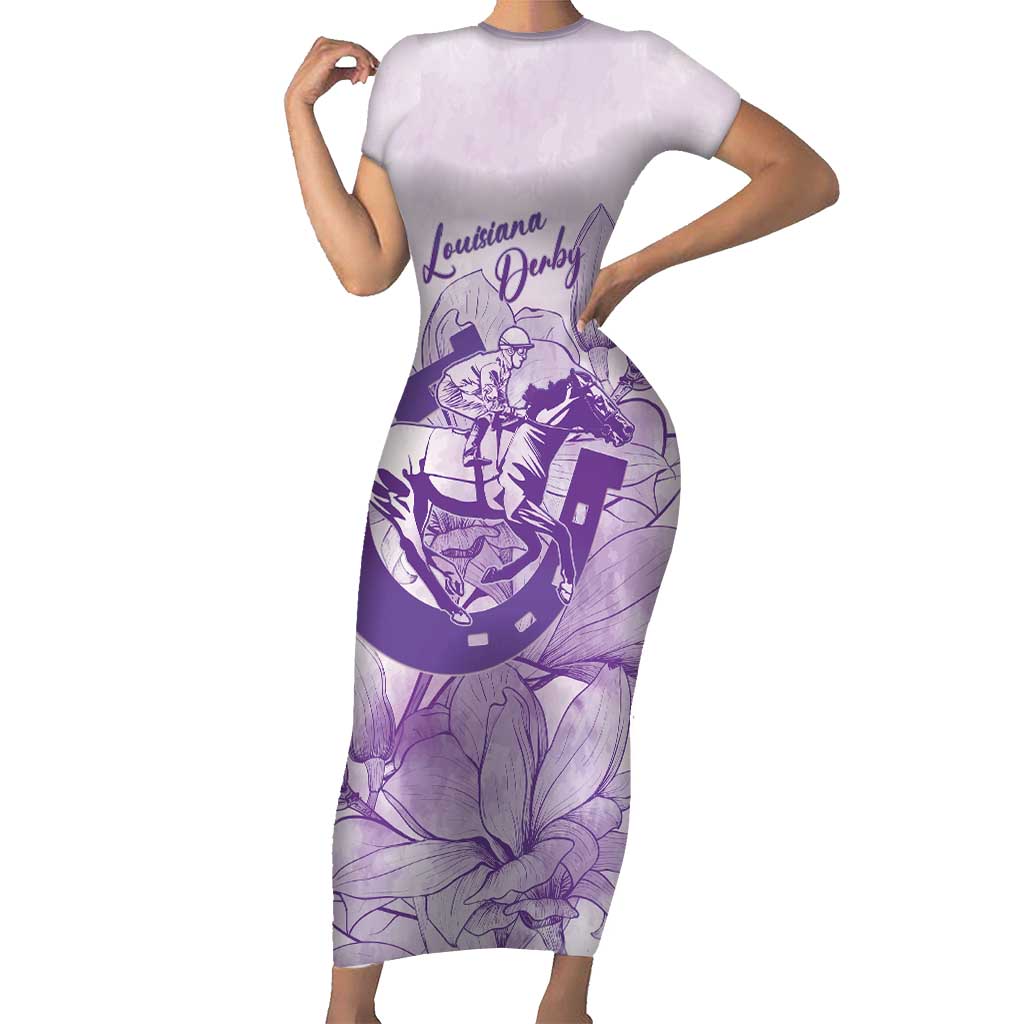 Personalized Louisiana Horse Racing Derby Short Sleeve Bodycon Dress Magnolia Blossom Horseshoe Pastel Purple