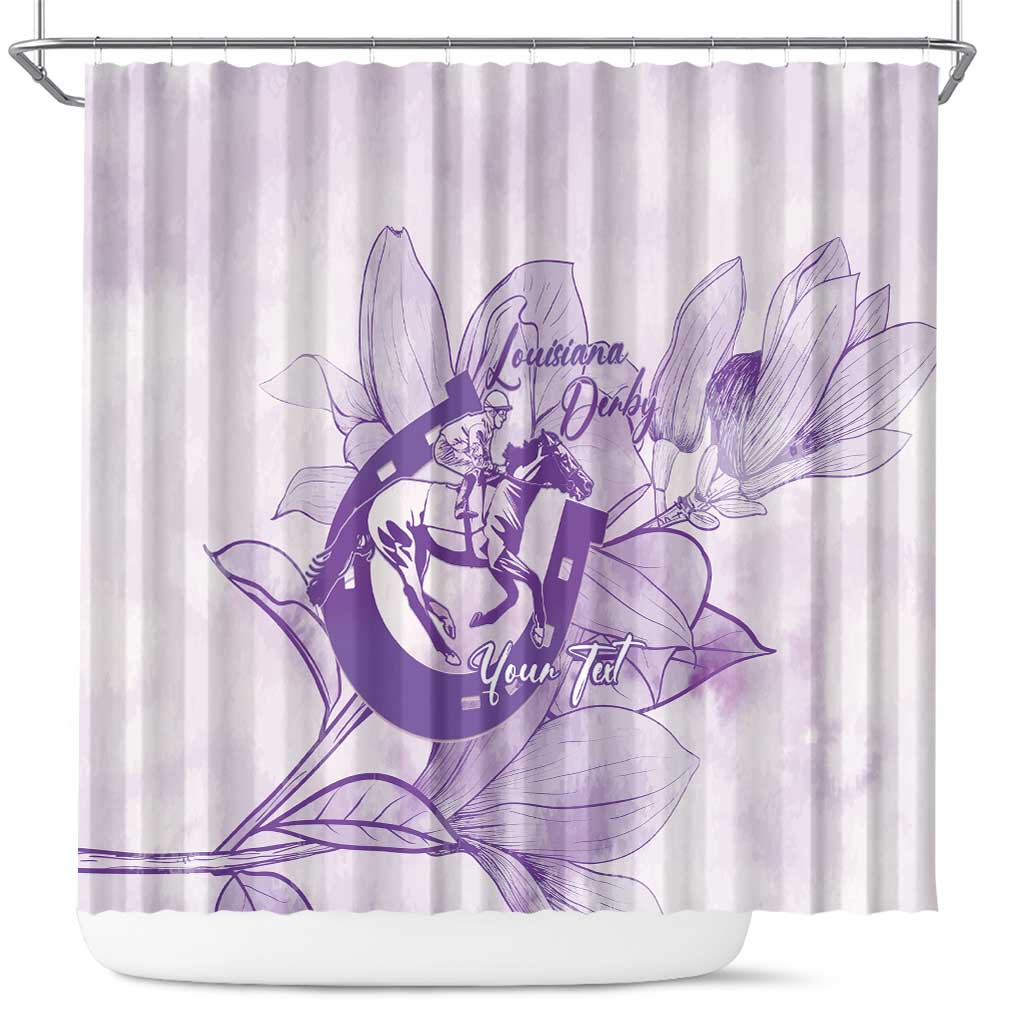 Personalized Louisiana Horse Racing Derby Shower Curtain Magnolia Blossom Horseshoe Pastel Purple