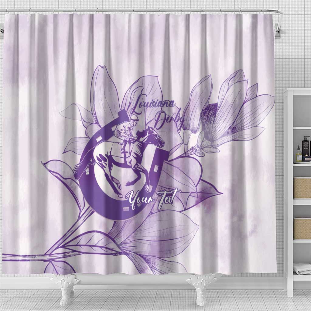Personalized Louisiana Horse Racing Derby Shower Curtain Magnolia Blossom Horseshoe Pastel Purple