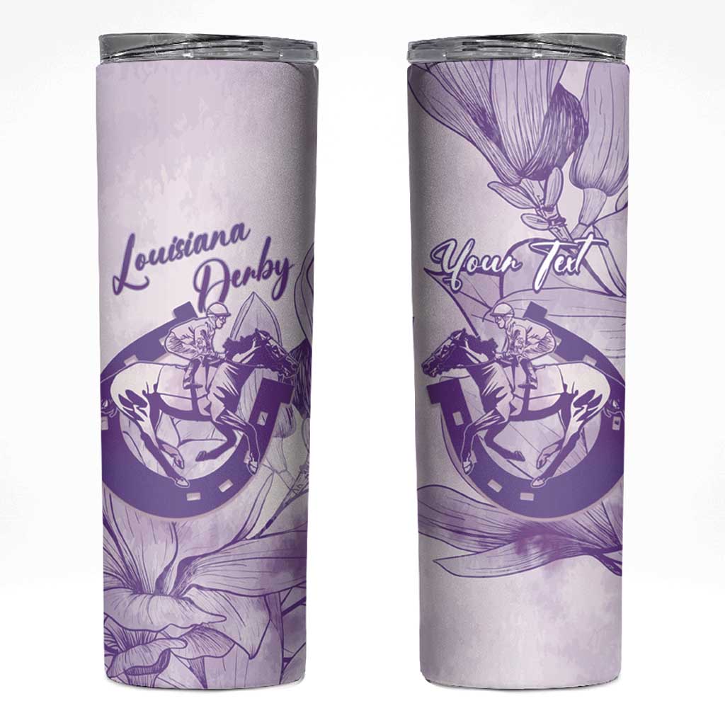 Personalized Louisiana Horse Racing Derby Skinny Tumbler Magnolia Blossom Horseshoe Pastel Purple