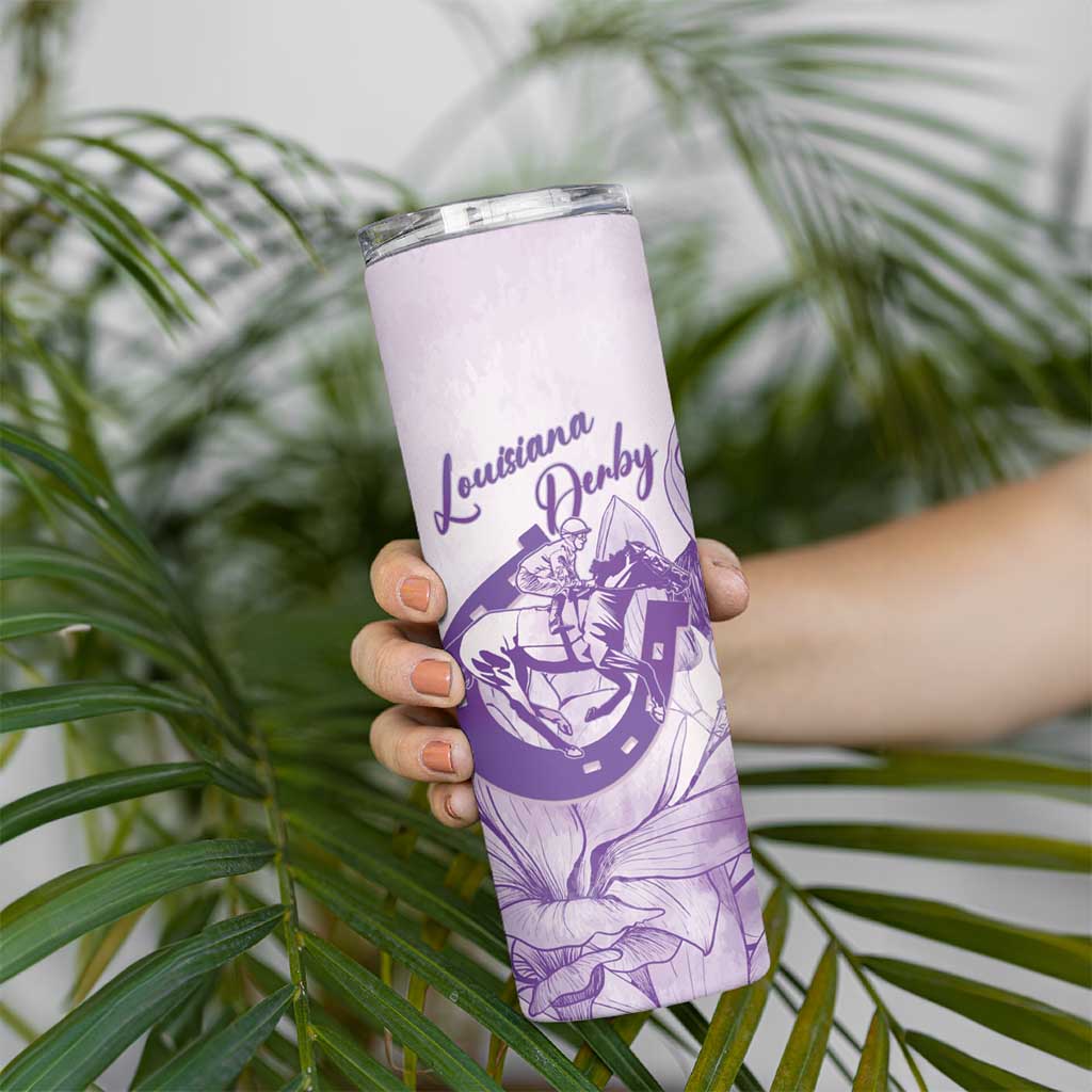 Personalized Louisiana Horse Racing Derby Skinny Tumbler Magnolia Blossom Horseshoe Pastel Purple
