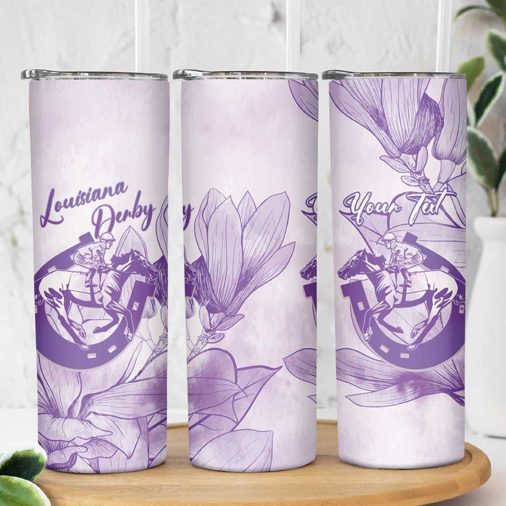 Personalized Louisiana Horse Racing Derby Skinny Tumbler Magnolia Blossom Horseshoe Pastel Purple