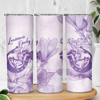 Personalized Louisiana Horse Racing Derby Skinny Tumbler Magnolia Blossom Horseshoe Pastel Purple