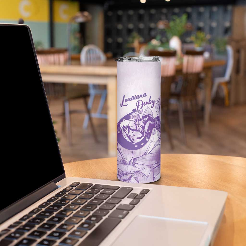Personalized Louisiana Horse Racing Derby Skinny Tumbler Magnolia Blossom Horseshoe Pastel Purple
