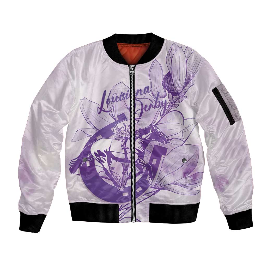 Personalized Louisiana Horse Racing Derby Sleeve Zip Bomber Jacket Magnolia Blossom Horseshoe Pastel Purple