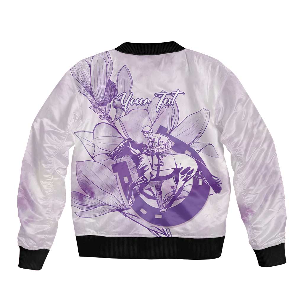 Personalized Louisiana Horse Racing Derby Sleeve Zip Bomber Jacket Magnolia Blossom Horseshoe Pastel Purple
