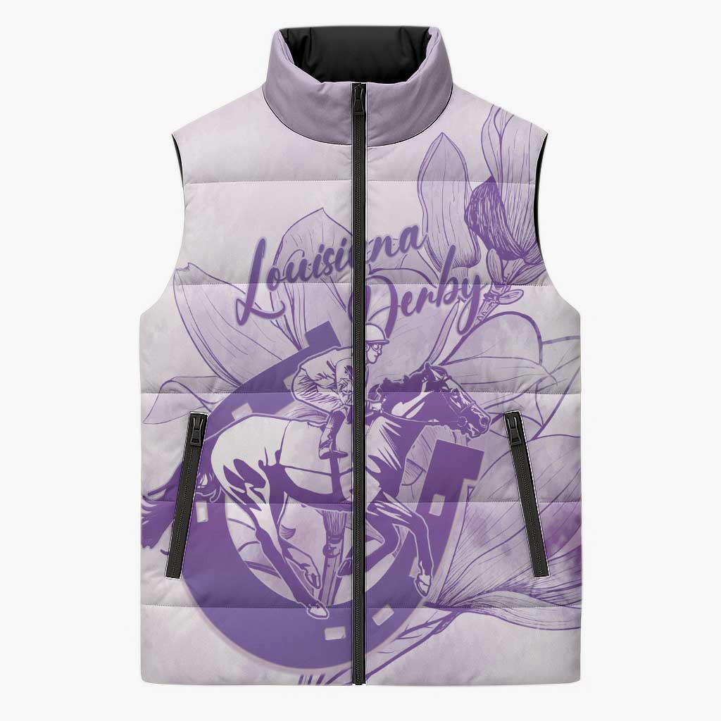 Personalized Louisiana Horse Racing Derby Sleeveless Puffer Jacket Magnolia Blossom Horseshoe Pastel Purple