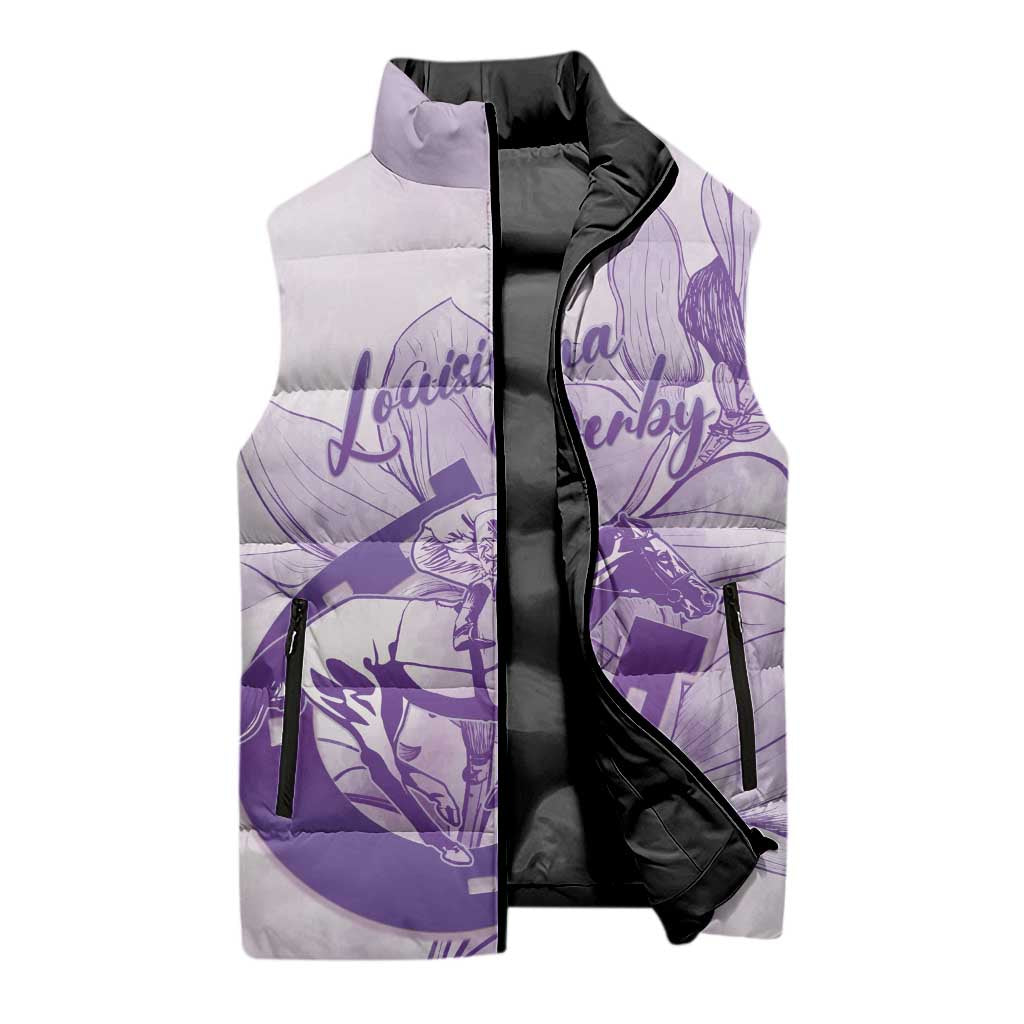 Personalized Louisiana Horse Racing Derby Sleeveless Puffer Jacket Magnolia Blossom Horseshoe Pastel Purple