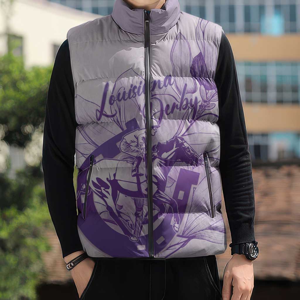 Personalized Louisiana Horse Racing Derby Sleeveless Puffer Jacket Magnolia Blossom Horseshoe Pastel Purple
