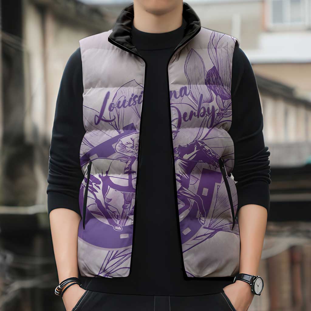 Personalized Louisiana Horse Racing Derby Sleeveless Puffer Jacket Magnolia Blossom Horseshoe Pastel Purple
