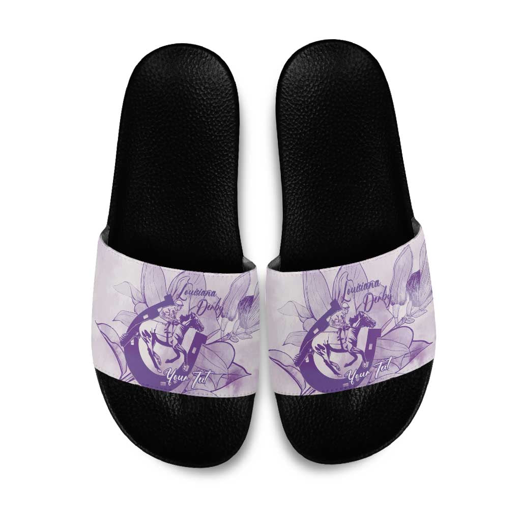 Personalized Louisiana Horse Racing Derby Slide Sandals Magnolia Blossom Horseshoe Pastel Purple