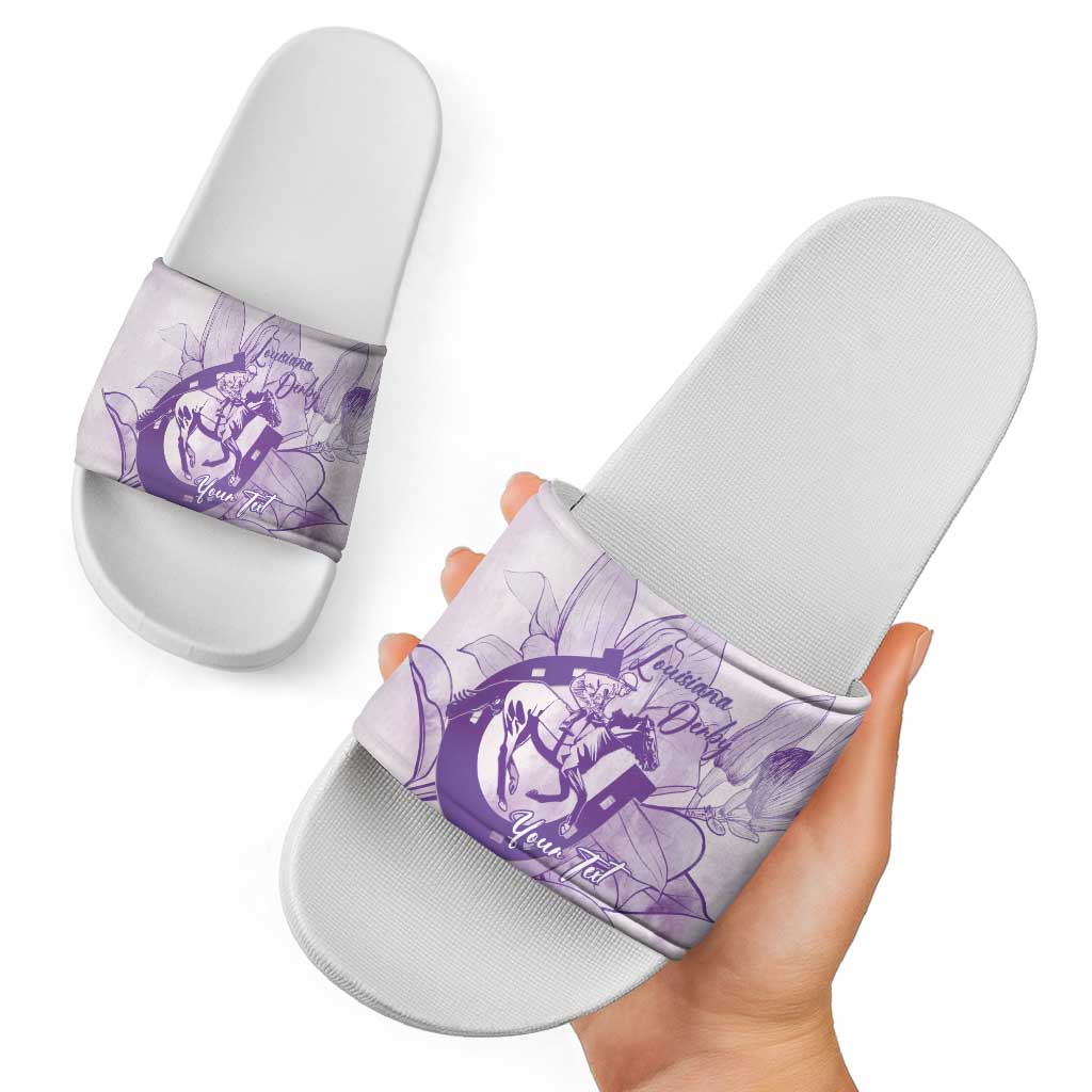 Personalized Louisiana Horse Racing Derby Slide Sandals Magnolia Blossom Horseshoe Pastel Purple