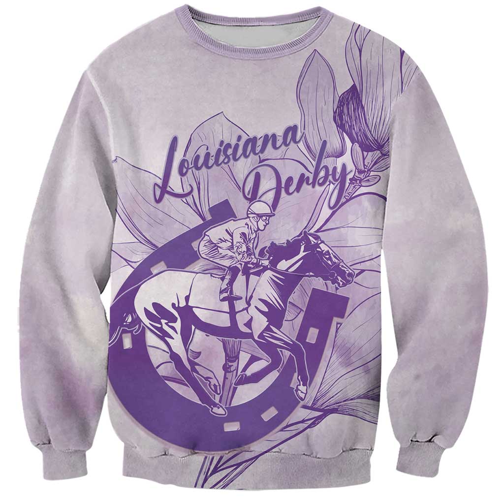 Personalized Louisiana Horse Racing Derby Sweatshirt Magnolia Blossom Horseshoe Pastel Purple