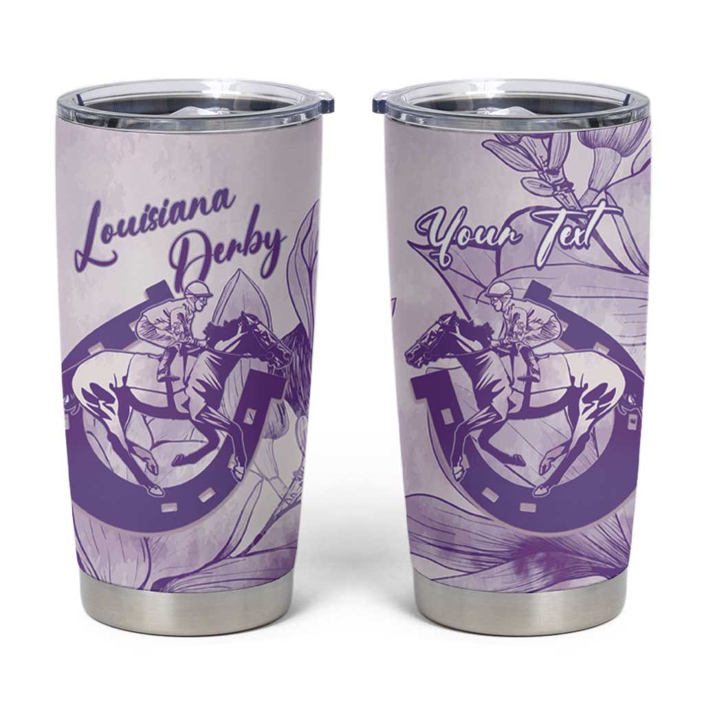 Personalized Louisiana Horse Racing Derby Tumbler Cup Magnolia Blossom Horseshoe Pastel Purple