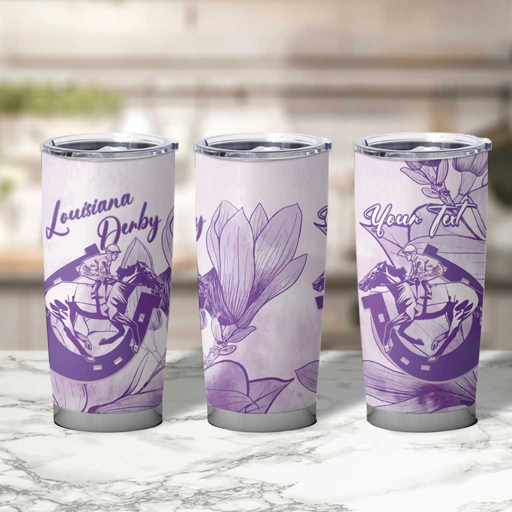 Personalized Louisiana Horse Racing Derby Tumbler Cup Magnolia Blossom Horseshoe Pastel Purple